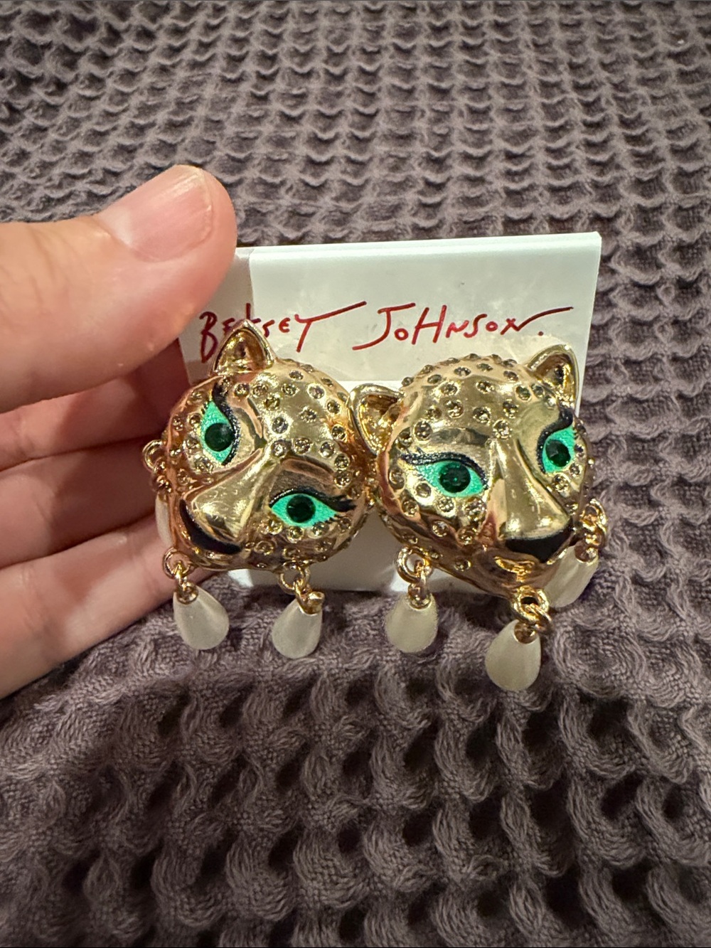 Betsey Johnson Gold Leopard Head Earrings with Green Eye Accents